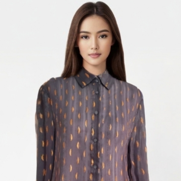 Banana Republic Dillion hunter green copper foil detail chiffon button blouse S - Picture 5 of 12